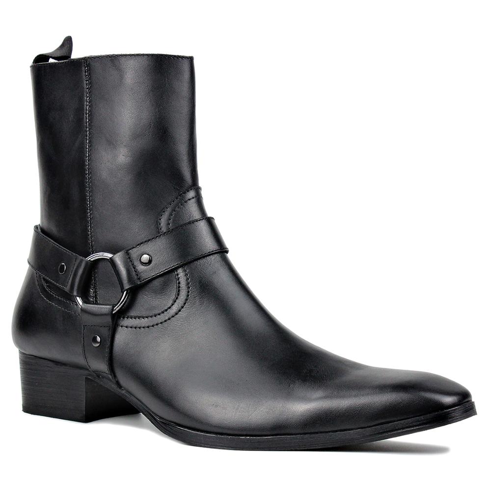 OSSTONE Men Chelsea Ankle Boots Leather Heeled Boots With Side Zipper Cuban Heel Dress Boots Disco Shoes OS-JY015 BLACK