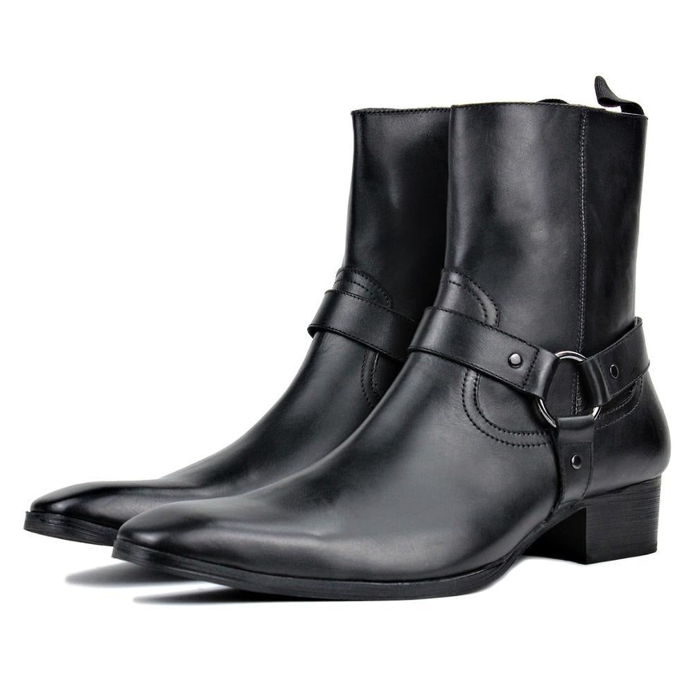 OSSTONE Men Chelsea Ankle Boots Leather Heeled Boots With Side Zipper Cuban Heel Dress Boots Disco Shoes OS-JY015 BLACK