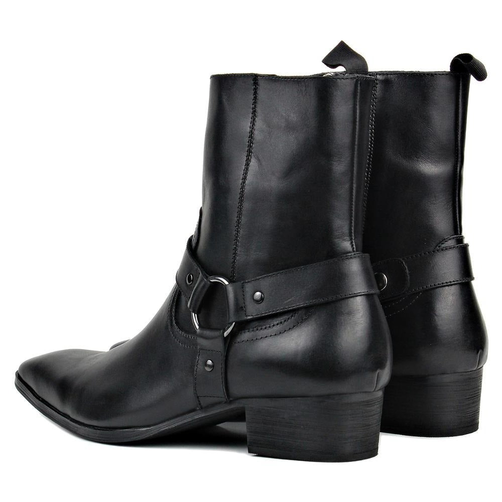 OSSTONE Men Chelsea Ankle Boots Leather Heeled Boots With Side Zipper Cuban Heel Dress Boots Disco Shoes OS-JY015 BLACK