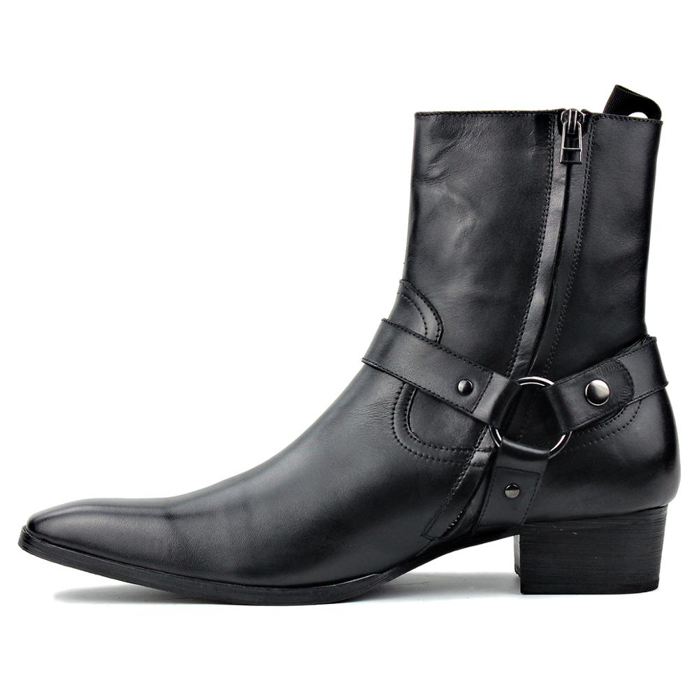 OSSTONE Men Chelsea Ankle Boots Leather Heeled Boots With Side Zipper Cuban Heel Dress Boots Disco Shoes OS-JY015 BLACK