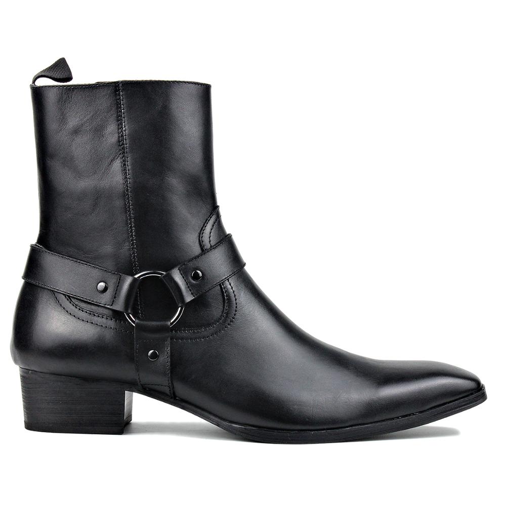 OSSTONE Men Chelsea Ankle Boots Leather Heeled Boots With Side Zipper Cuban Heel Dress Boots Disco Shoes OS-JY015 BLACK